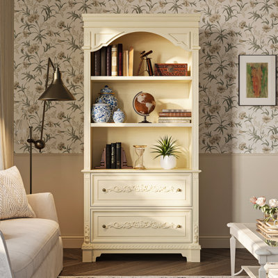 Elegant Display Cabinet With 3 Open Shelves & 2 Carved Drawers by Astoria Grand