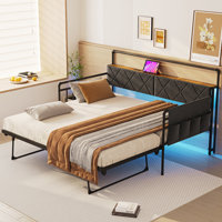 Daybed with Side Pocket&Charging Station, Pop-upTrundle with Upholstered Storage Headboard, LED Light, Metal Twin Sofa Bed for Living Room/Bedroom by Red Barrel Studio