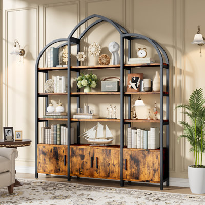 Triple Wide 5 Tier Tall Arched Bookshelf And Bookcase With 3 Cabinets, Industrial Metal Etagere Open Bookshelf, Rustic Wood Standing Book Shelf With M by Mercer41