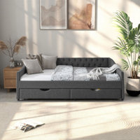Alphonse Burwell 85" Queen Size Linen Upholstered Tufted Sofa Bed Daybed with 2 Under-Bed Storage Drawers – Tufted Headboard Guest Bed (Beige/Dark Gre by Mercer41