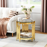 19.69" Round End Table, Two-Tier Tempered Glass And Irregular Cylindrical Stainless Steel Frame by Brayden Studio