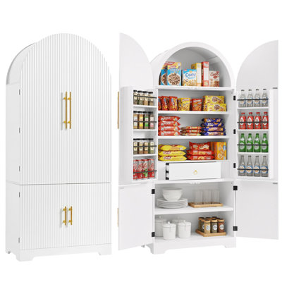 72" Tall Arched Kitchen Pantry Cabinet with 8 Door Shelves, Fluted Storage Cabinets with 3 Adjustable Shelves, Hidden Drawer, Versatile Cupboard for K by Red Barrel Studio
