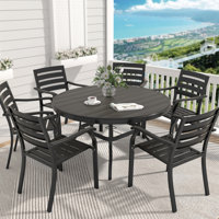 All - Weather Outdoor Round Table For 6 7 People, Metal Dining With Umbrella Hole, Powder Coating Rust , Bent Leg Design Aesthetics And Balance, Hand by Latitude Run