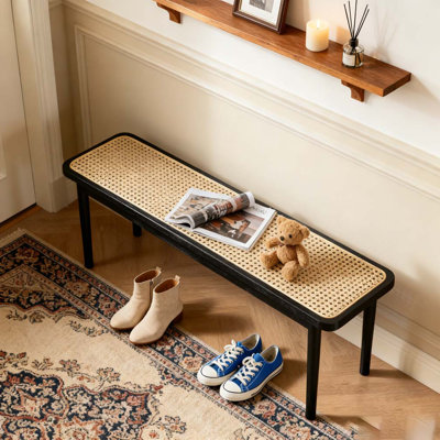 Modern Style Black Color Solid Oak Wood Dining Bench with Rattan Detail by Latitude Run