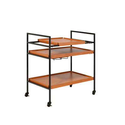 Adjustable Serving Cart In Honey Oak And Black Finish, Stemware Rack, 3 Open Compartments For Organization, 4 Caster Wheels, Robust Metal Construction by Latitude Run