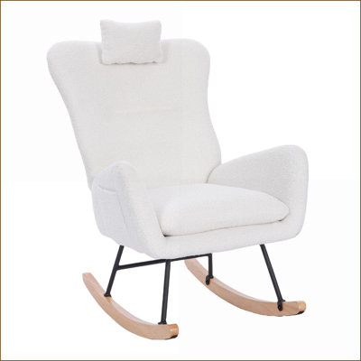 Rocking Chair for Nursery Living Room Bedroom | White Teddy Upholstered | Steel & Solid Wood Frame by Latitude Run