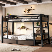 Metal Bunk Bed with Storage Shelves & USB Ports – Space-Saving, Durable, Black, Teens & Adults by Ivy Bronx