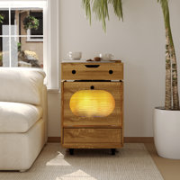 Robot-Shaped Wood End Table - 360° Rotating Storage Chest, 3-Color LED Lights & Lockable Rolling Wheels by George Oliver