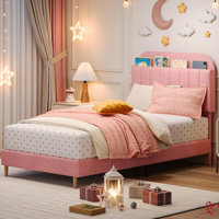 Twin/Twin XL Bed Frame with Storage Headboard Velvet Upholstered Platform Bedframe for Kids No Box Spring Needed by Ebern Designs