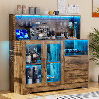 Home Bar Cabinet With Adjustable Rgb Led Light, Wine & Coffee Storage With Rack & Drawers, Charging Station, Modern Liquor Cabinet For Living & Dining