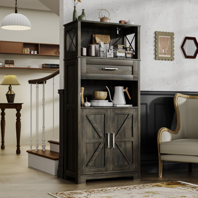 55" Farmhouse Kitchen Pantry Cabinet, 5-Tier Pantry Storage Cabinet With 2 Barn Doors And Drawer, Tall Sideboard Buffet Cupboards Storage Shelf For Ho by Ebern Designs