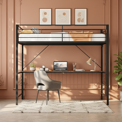 Full Size Heavy Duty Metal Loft Bed With Desk And Led Lights, Charging Stations For Teens Adults,Space Saving,Black by Wrought Studio