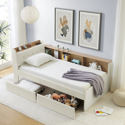 Twin Size Velvet Upholstered Daybed - Multi-functional with Storage Headboard, 2 Drawers, Wireless Charging & LED Lights, Beige by Latitude Run