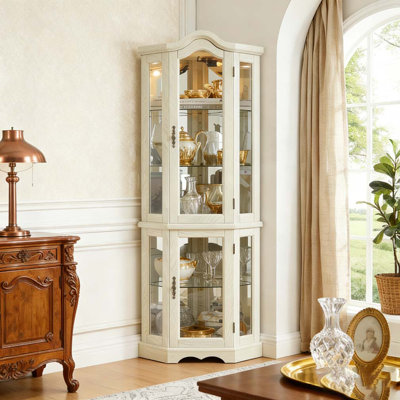 Lighted Corner Curio Cabinet with Tempered Glass Doors & Shelves