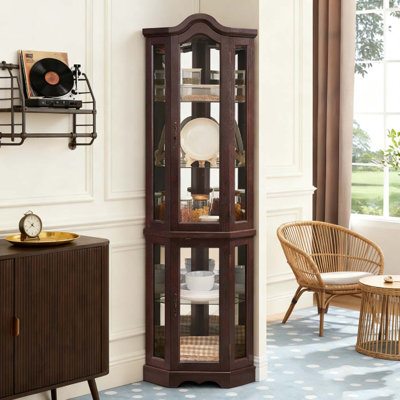 Lighted Corner Curio Cabinet with Tempered Glass Doors & Shelves by Latitude Run