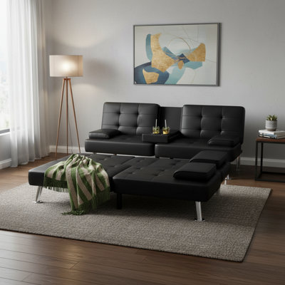 Black Leather Sofa Bed With Removable Armrests, Double Cup Holders, And Adjustable Recliner Style; Suitable For Living Rooms, Apartments, And Offices. by Latitude Run