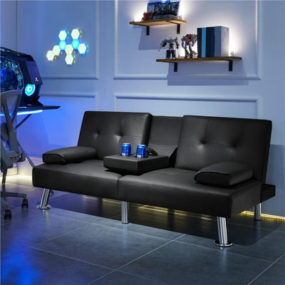 Black Modern Faux Leather Convertible Sofa Bed, Adjustable To Three Angles, With Cup Holders And Removable Armrests, 772 Lbs Weight Capacity For A Dou by Latitude Run