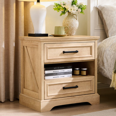 24" Farmhouse End Table With Charging Station, 2 Drawers Large Side Table With Open Shelf, Rustic Nightstand For Bedroom,living Room by Gracie Oaks