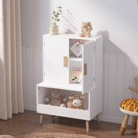 Kids Toy Storage Cabinet with Doors and Open Shelf, White Modern Wooden Organizer with Natural Wood Legs, Toddler Bookshelf for Playroom, Nursery, Bed
