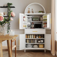 Metal Arched Cabinet, Kitchen Pantry Cabinet With Doors, Modern Farmhouse Arched Bookcase With 1 Drawer And 3 Adjustable Shelves For Living Room, Whit by Latitude Run