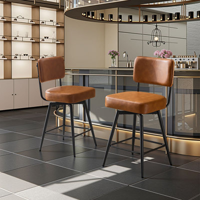 Set Of 2 Leather Swivel Bar Stools With Comfortable Upholstered For Kitchen Island Dining Area In Brown