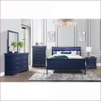 Bedroom Set, 5-Piece Full Size Sleigh Style with LED Headboard, Navy Blue | Sleigh Beds | Solid Wood+MDF by Red Barrel Studio