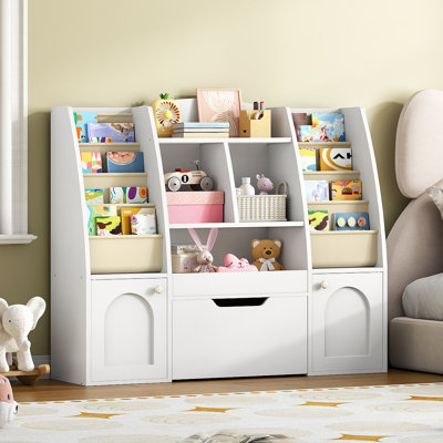 47.2"L X 11.8"W X 39.7"H Kids Bookcase, Toy Storage Organizer, With 1 Wheeled Drawer, 2 Cabinets, 4 Fabric Sling Bookshelves On Both Side & Open Shelv by Isabelle & Max