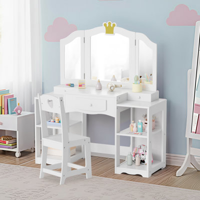 Kids Vanity Table And Chair Set, 2 In 1 Girls Vanity Storage Cabinet W/Tri-Folding Mirror by Mercer41
