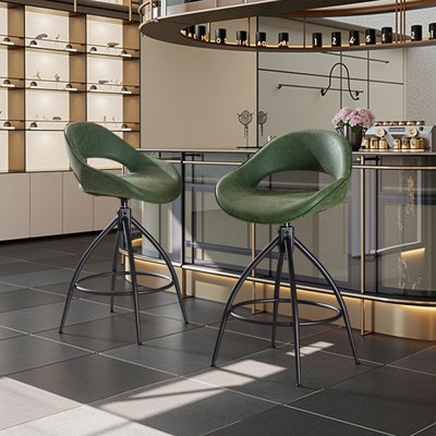 Set Of 2 Leather Swivel Bar Stools With Curved Back And Footrest For Kitchen Island In Green