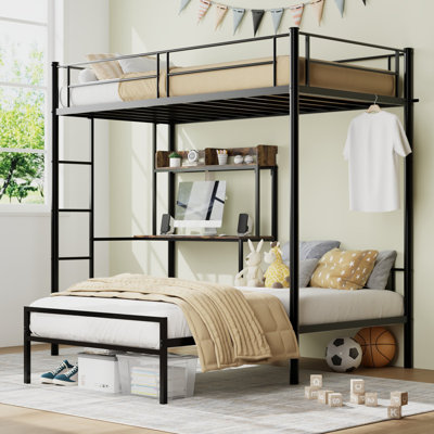 Bunk Bed Twin Over Twin Size with Desk and Charging Station L-Shaped Metal Bunk Bed with Storage Shelves and Bookcase Loft Beds with Safety Guardrail by Ivy Bronx