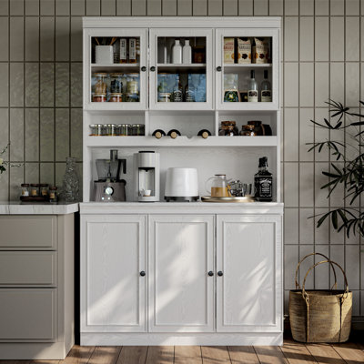 74.8" Tall China Display Cabinet With Glass Doors, 4 Adjustable Shelves, Wine Rack & Microwave Stand, White Kitchen Pantry Storage Hutch For Living Ro by Ebern Designs