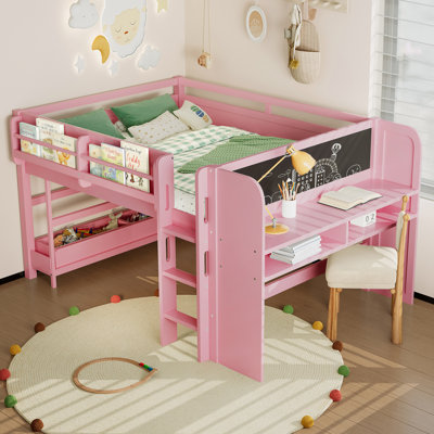 Full Loft Bed With Storage Boxes And Bookshelves, Solid Wood Kids Loft Bed With Desk And Blackboard, Low Loft Beds Frame For Kids, Girls, Boys, Childl by Latitude Run
