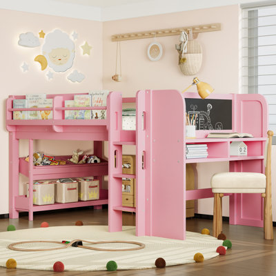 Full Loft Bed With Storage Boxes And Bookshelves, Solid Wood Kids Loft Bed With Desk And Blackboard, Low Loft Beds Frame For Kids, Girls, Boys, Childl by Latitude Run