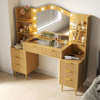 Big Vanity, 55” Fluted Makeup Vanity Desk With Mirror, Vanity Table W/ Top, Power Outlet And 11 Lights, Large Vanities W/ 8 Drawers & 4 Shelves, Dress by Ebern Designs