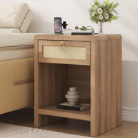19.58"W Rattan Nightstand Bedside Table, Wood End Tables Night Stand With Charging Station, Nightstand With Drawer And Storage Shelf, Boho End Table F by Dakota Fields
