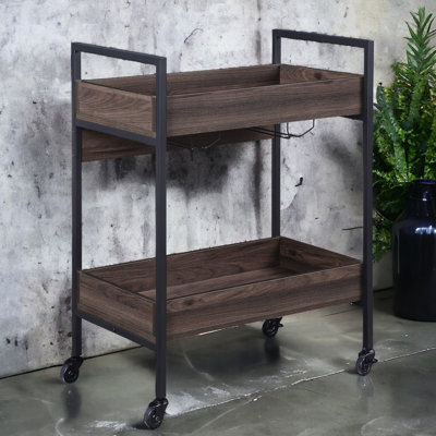 Rectangular Serving Cart In Walnut & Black With 2 Tier Shelf Architecture And Decoration Shelves Cup Holder by Red Barrel Studio