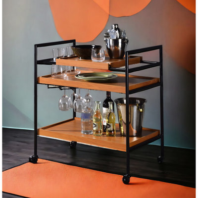 Serving Cart In Oaken Honey Oak & Black, 2 Open Compartments, 32.44 In. Height, 70Lbs Weight Limit On Top, Black Metal Cart, 13 Package Height by Red Barrel Studio
