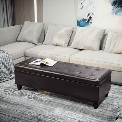 51" Ottoman Storage Bench, Faux Leather Storage Chest With Lift Top, Tufted Ottoman With Storage For Living Room, Entryway, Dark Brown by Red Barrel Studio
