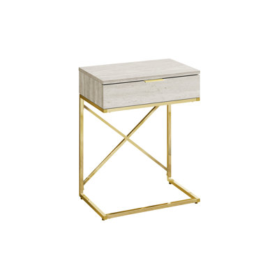 Modern Accent Table with Storage Drawer - Gold Metal X-Frame Beige Marble Look Side Table, End Table for Living Room, Bedroom Nightstand by Latitude Run