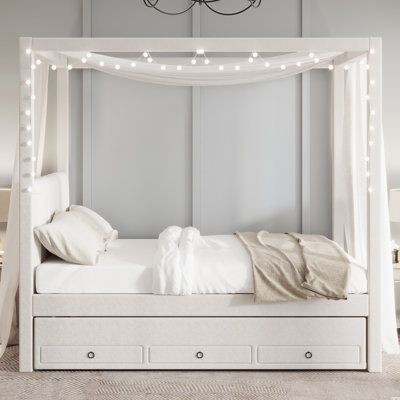 Full Upholstered Canopy Platform Bed with Trundle & 3 Storage Drawers, Beige, Beige by Mercer41