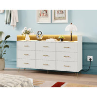 9-Drawer Tall Dresser with APP-Controlled RGB Lights & Charging Station, Modern Wooden Chest with 3 Outlets/2 USB, Large Storage Cabinet for Bedroom, by Ivy Bronx