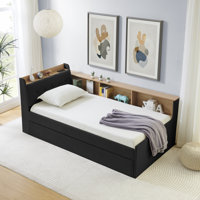 Twin Velvet Height Adjustable Day Bed with Storage Headboard, Wireless Charging and Trundle, Beige by George Oliver