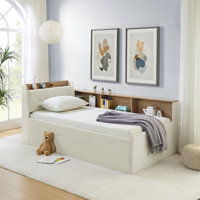 Twin Velvet Height Adjustable Day Bed with Storage Headboard, Wireless Charging and Trundle, Beige by George Oliver