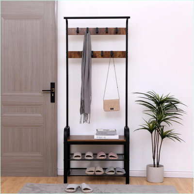 Coat Rack Hall Tree with Shoe Bench, 4-in-1 Entryway Organizer 9 Hooks & Rod, 15x28x71 Inches, Rustic Brown & Black | Brown | MDF+Metal by Latitude Run