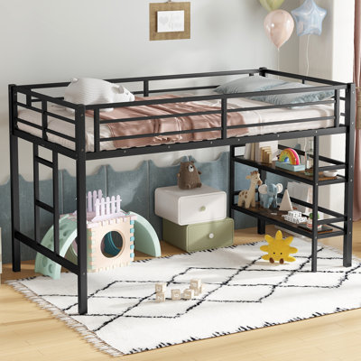 Low Loft Bed Twin Size, Heavy Duty Metal Frame W/storage Shelves, Ladder & Full-length Guardrails, Ample Under-bed Space, Kids Loft Bed With Stairs Fo by Wrought Studio