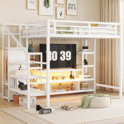 Black Metal Full Loft Bed With LED Lights And Wardrobe by Ivy Bronx