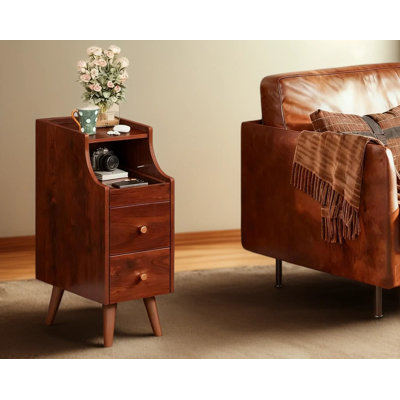 Narrow Nightstand With Drawers And Open Shelf, Modern Bedside Table With Cable Management For Small Spaces, Vintage Storage Cabinet For Bedroom And Li