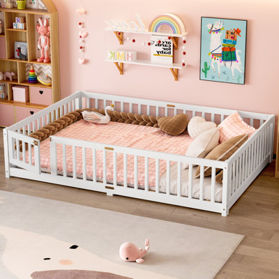 Queen Size Floor Bed With Door,kids Montessori Floor Bed With Slats And Fence,solid Wood Queen Bed Frame by Harriet Bee
