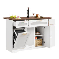 Rattan Rolling Kitchen Island Cart with Drop-Leaf Countertop, Tilt-Out Trash Can Cabinet, 2-Door Storage, Drawers, and Spice Rack by Dovecove