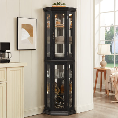 Lighted Corner Curio Cabinet - Glass Display Shelf With Tempered Glass Doors, Adjustable Shelving, And Included Bead Bulb - Bar Cabinet For Home Decor by Mercer41